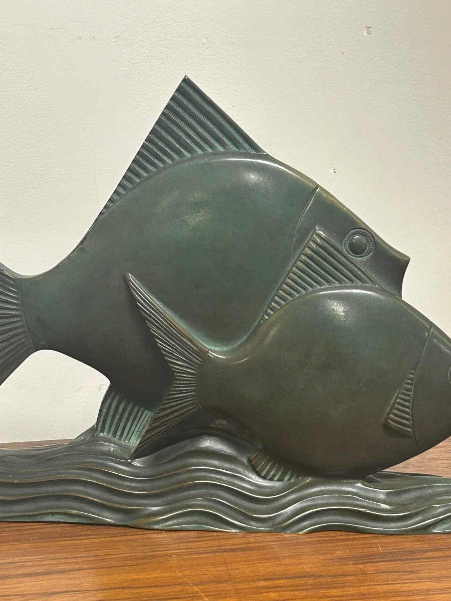  Rare Bronze Art Deco Fish Green Patina Circa 1930 -photo-6