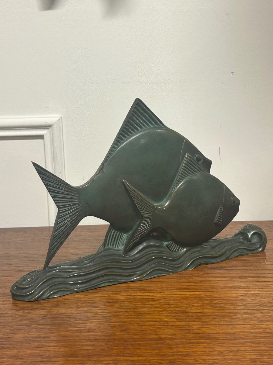  Rare Bronze Art Deco Fish Green Patina Circa 1930 -photo-7