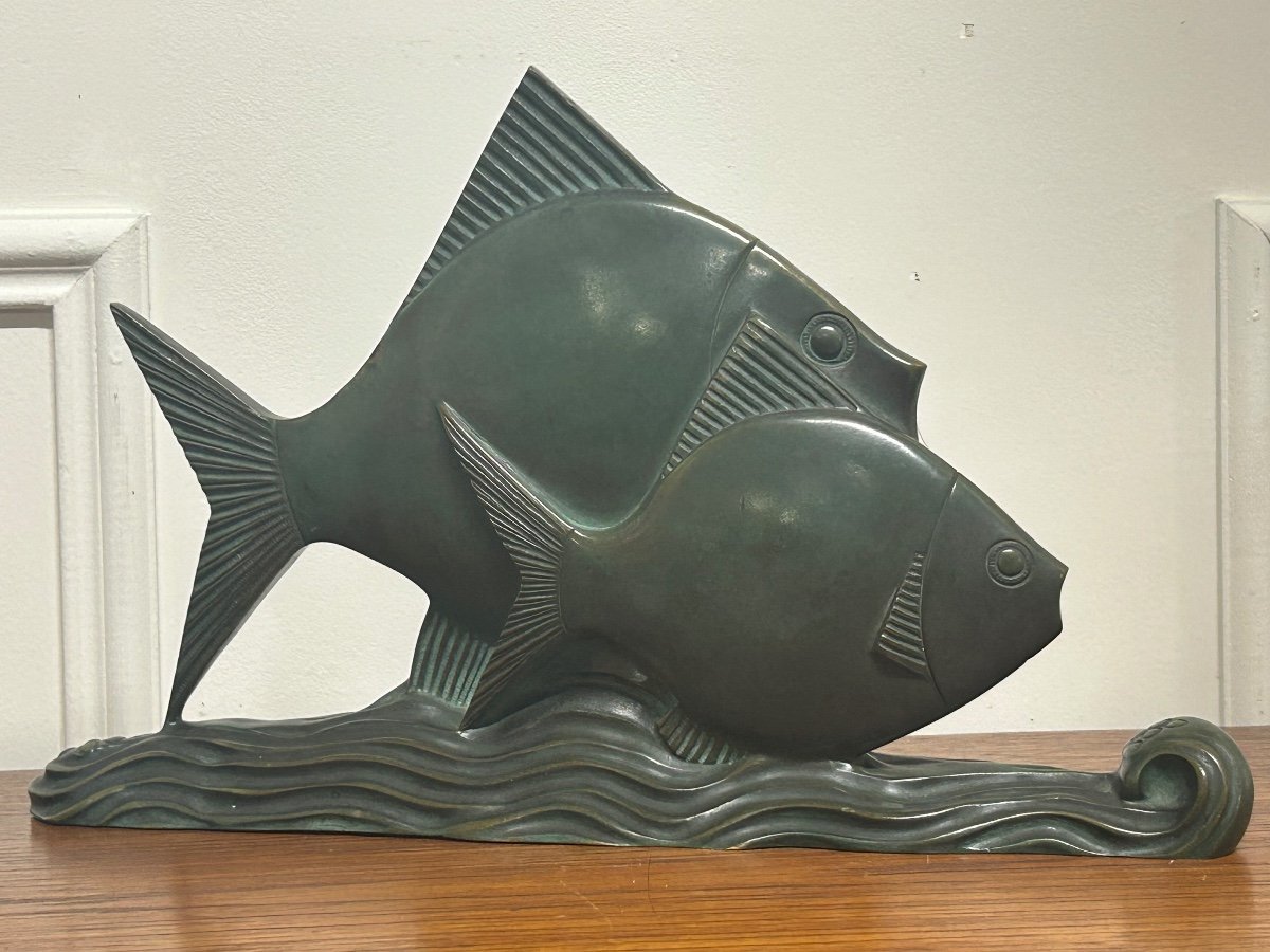  Rare Bronze Art Deco Fish Green Patina Circa 1930 