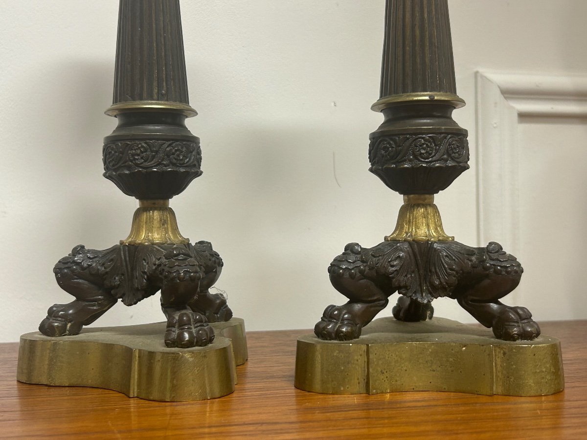 Pair Of Restoration Period Candlesticks In Bronze With Gilded And Brown Patina, 19th Century Claw Feet -photo-2