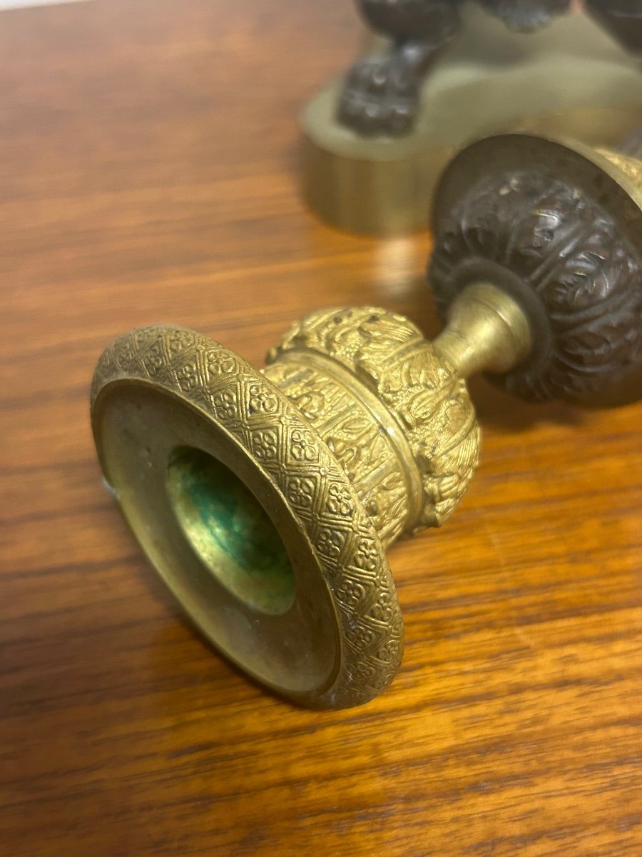 Pair Of Restoration Period Candlesticks In Bronze With Gilded And Brown Patina, 19th Century Claw Feet -photo-4