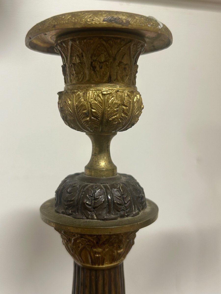 Pair Of Restoration Period Candlesticks In Bronze With Gilded And Brown Patina, 19th Century Claw Feet -photo-4