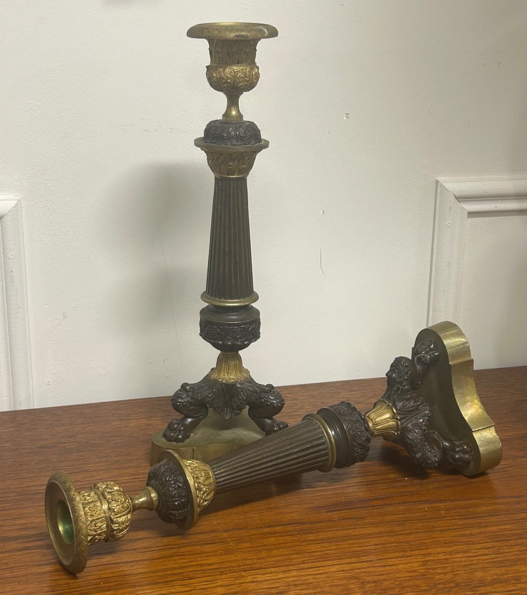 Pair Of Restoration Period Candlesticks In Bronze With Gilded And Brown Patina, 19th Century Claw Feet -photo-6