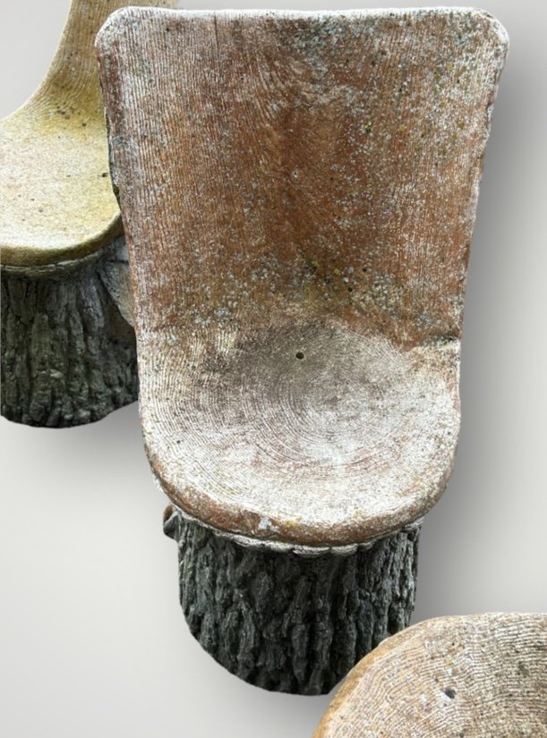 Suite De Six Chaises De Jardin En Ciment Imitant Le Bois Naturel Tronc D’arbre Vers 1950 -photo-8