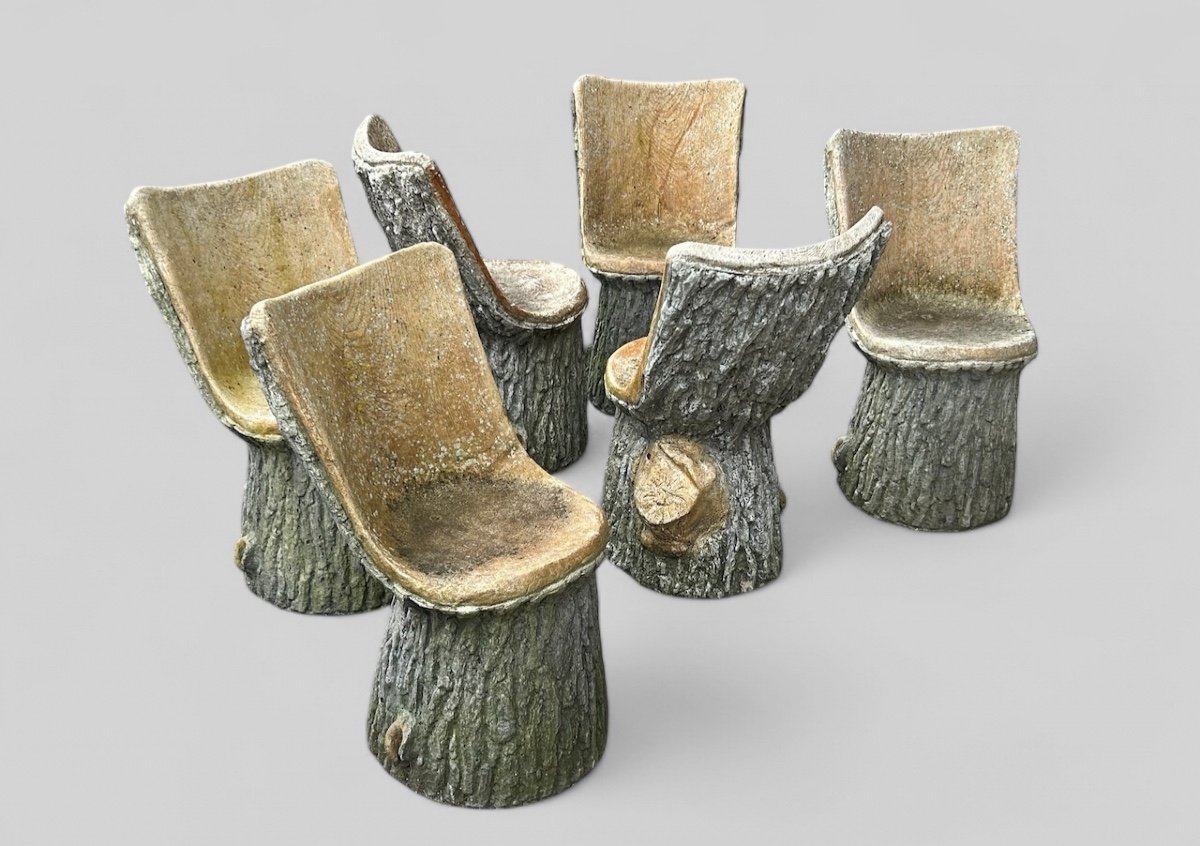 Suite De Six Chaises De Jardin En Ciment Imitant Le Bois Naturel Tronc D’arbre Vers 1950 