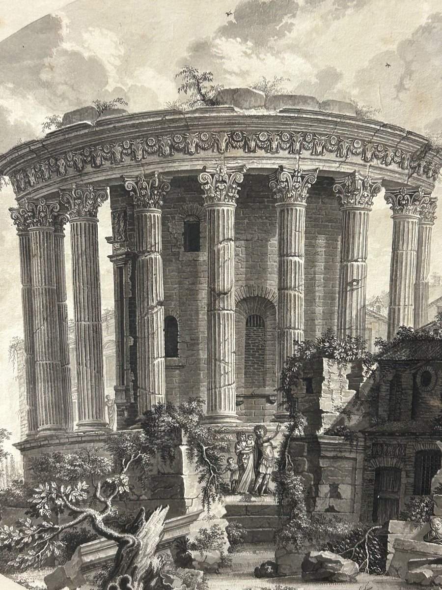 Dessin D’époque Fin XVIII Ou Début XIXéme Siècle Vue Du Temple De La Sibylle Rome Italie-photo-3