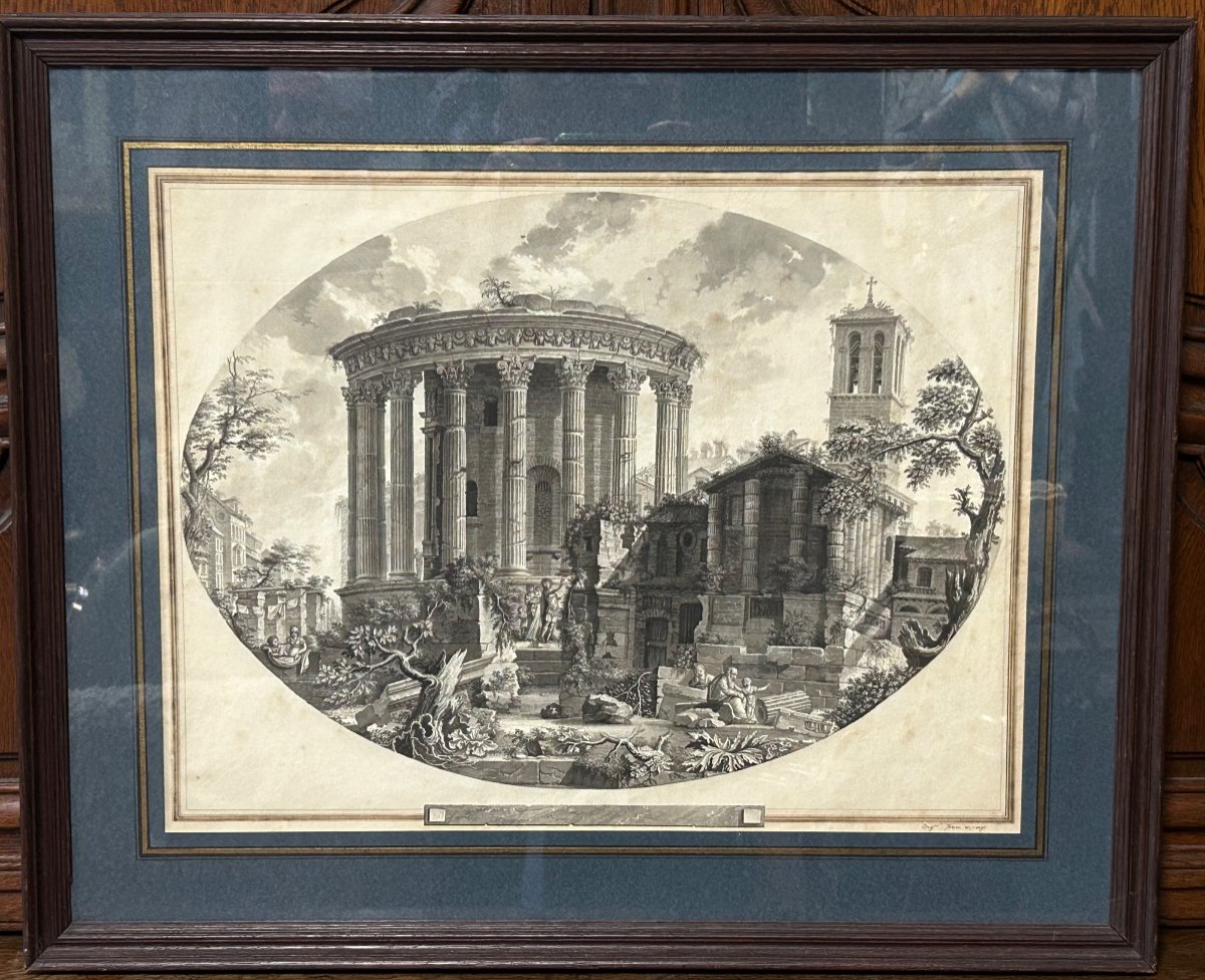 Dessin D’époque Fin XVIII Ou Début XIXéme Siècle Vue Du Temple De La Sibylle Rome Italie