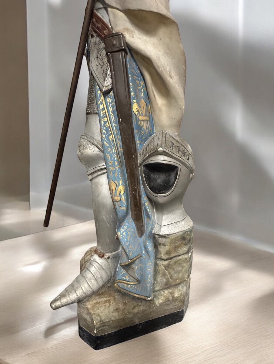 Grande Sculpture D’église Ou De Chapelle En Plâtre Polychrome Jeanne D’arc En Armure Vers 1900-photo-2