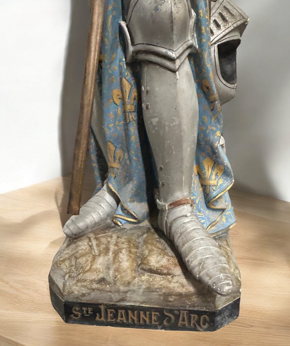 Grande Sculpture D’église Ou De Chapelle En Plâtre Polychrome Jeanne D’arc En Armure Vers 1900-photo-4