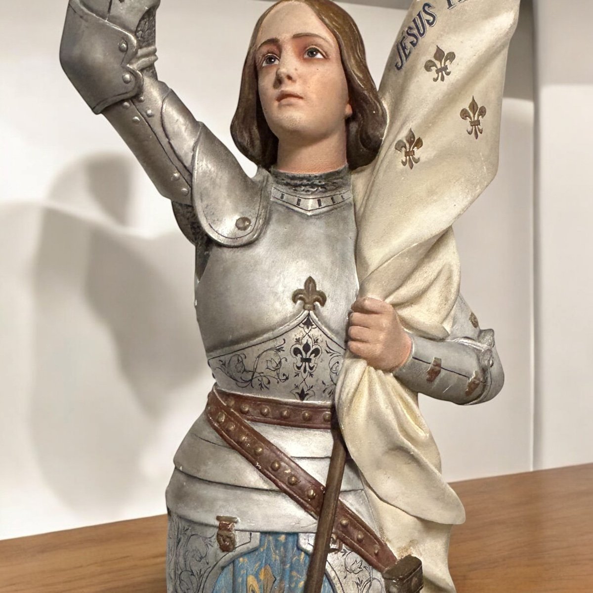 Grande Sculpture D’église Ou De Chapelle En Plâtre Polychrome Jeanne D’arc En Armure Vers 1900-photo-5