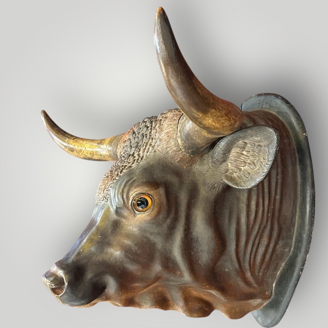 Important Life-size Polychrome Terracotta Bull Trophy - End Of 19th Century Sign -photo-2