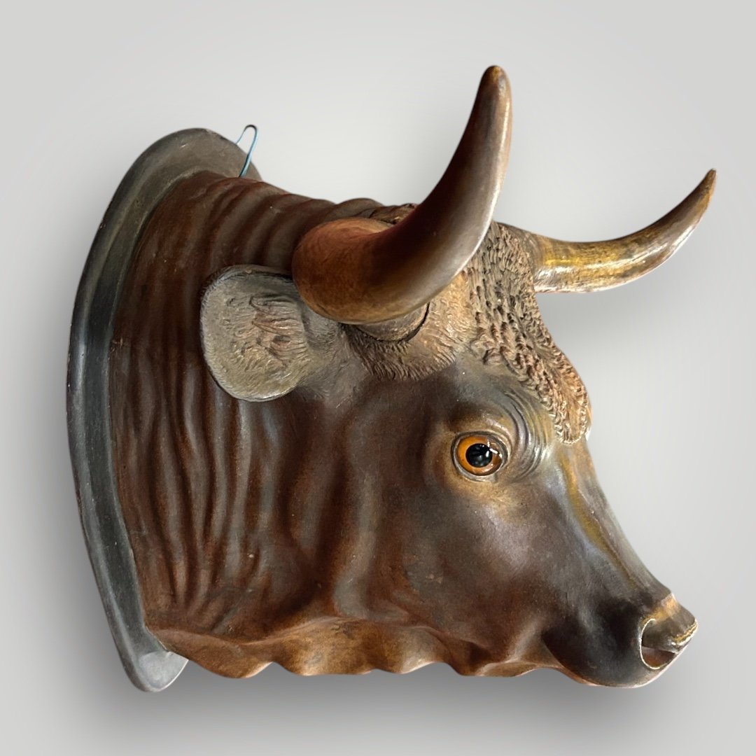 Important Life-size Polychrome Terracotta Bull Trophy - End Of 19th Century Sign -photo-3