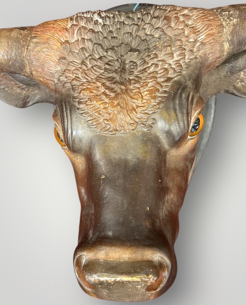 Important Life-size Polychrome Terracotta Bull Trophy - End Of 19th Century Sign -photo-1