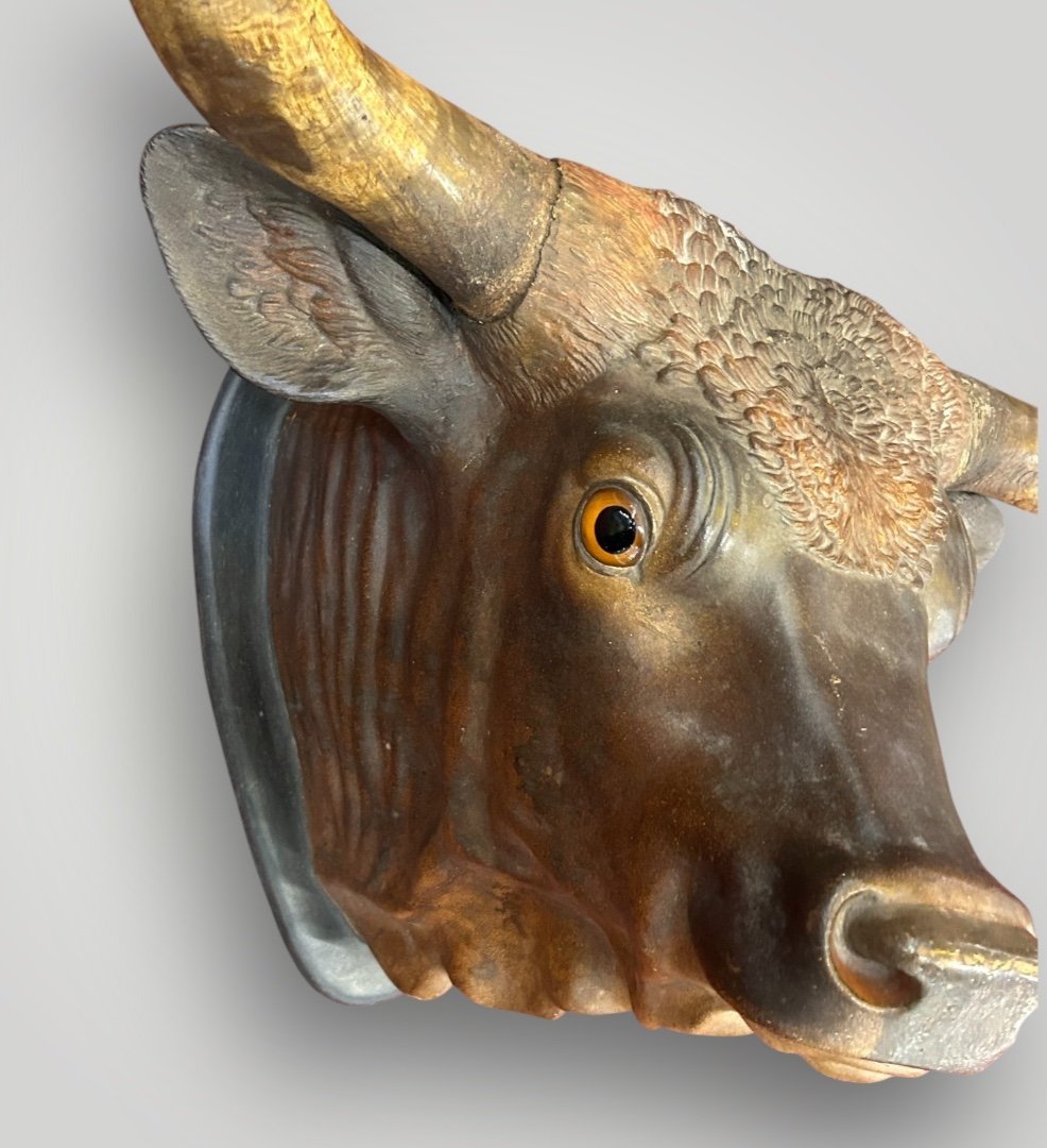 Important Life-size Polychrome Terracotta Bull Trophy - End Of 19th Century Sign -photo-4