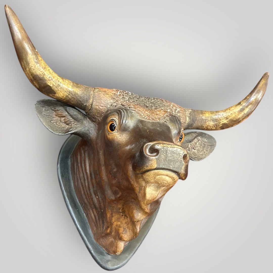 Important Life-size Polychrome Terracotta Bull Trophy - End Of 19th Century Sign -photo-5