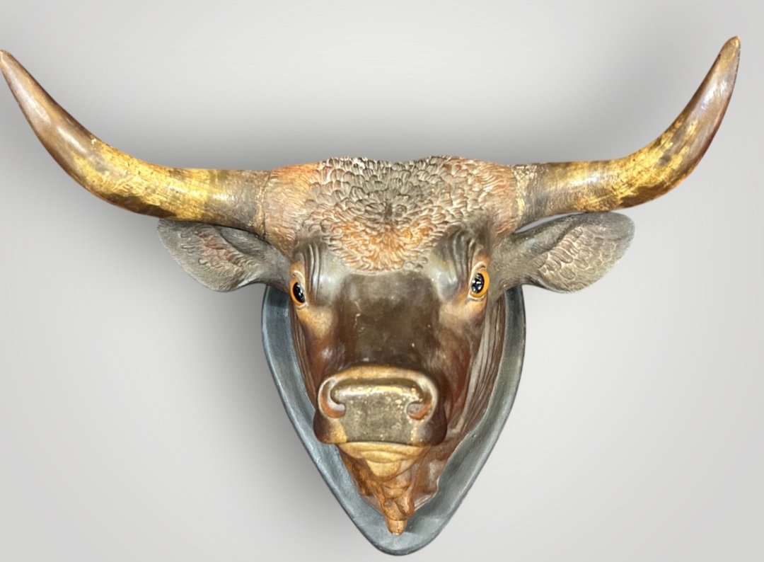 Important Life-size Polychrome Terracotta Bull Trophy - End Of 19th Century Sign -photo-7