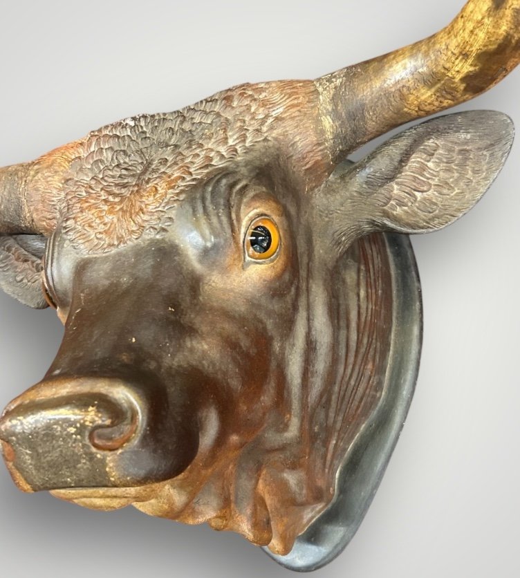 Important Life-size Polychrome Terracotta Bull Trophy - End Of 19th Century Sign -photo-8