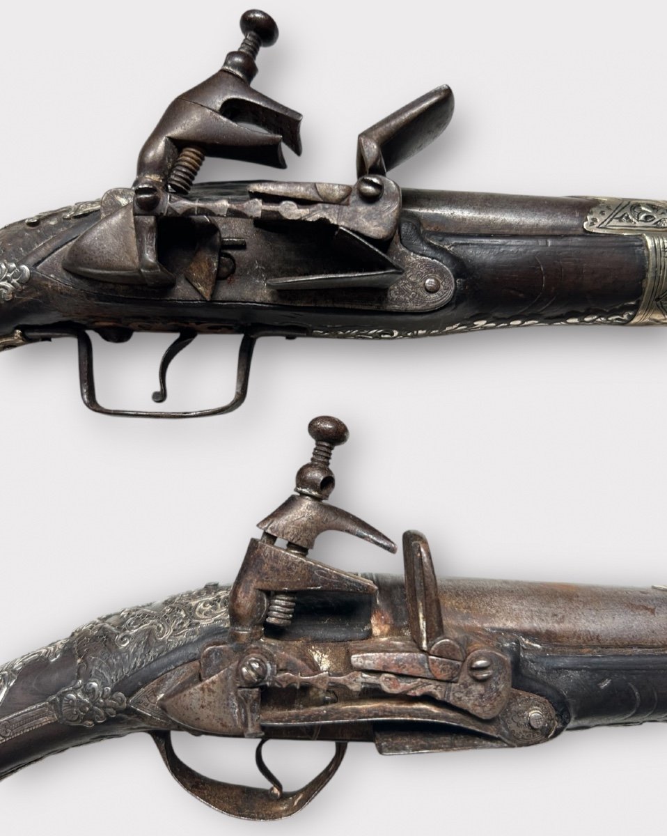 Pair Of "kubur" Pistols - Ottoman Balkan Turkish Empire Silver Chiseled Flintlock Pistol 1830-photo-2