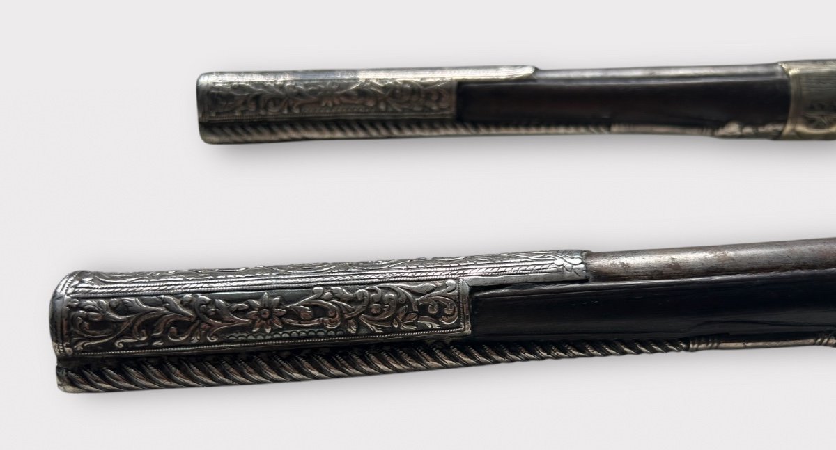 Pair Of "kubur" Pistols - Ottoman Balkan Turkish Empire Silver Chiseled Flintlock Pistol 1830-photo-6