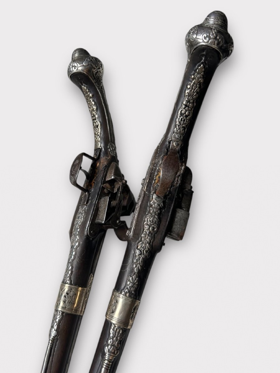 Pair Of "kubur" Pistols - Ottoman Balkan Turkish Empire Silver Chiseled Flintlock Pistol 1830-photo-7