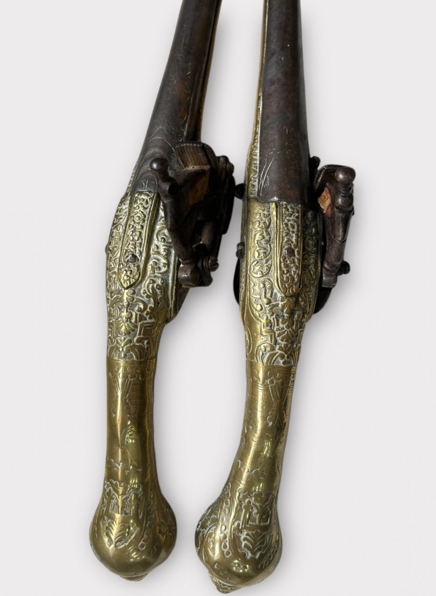 Pair Of Pistols "kubur" - Ottoman Balkan Turkish Empire Chiseled Bronze Flintlock Pistol 1830"-photo-4