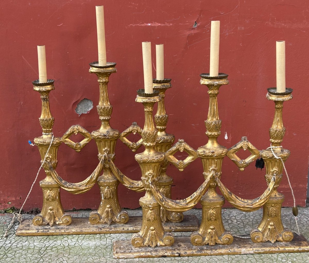 Pair Of Three-light Sconce Candlesticks In Gilded Wood From The 18th Century 