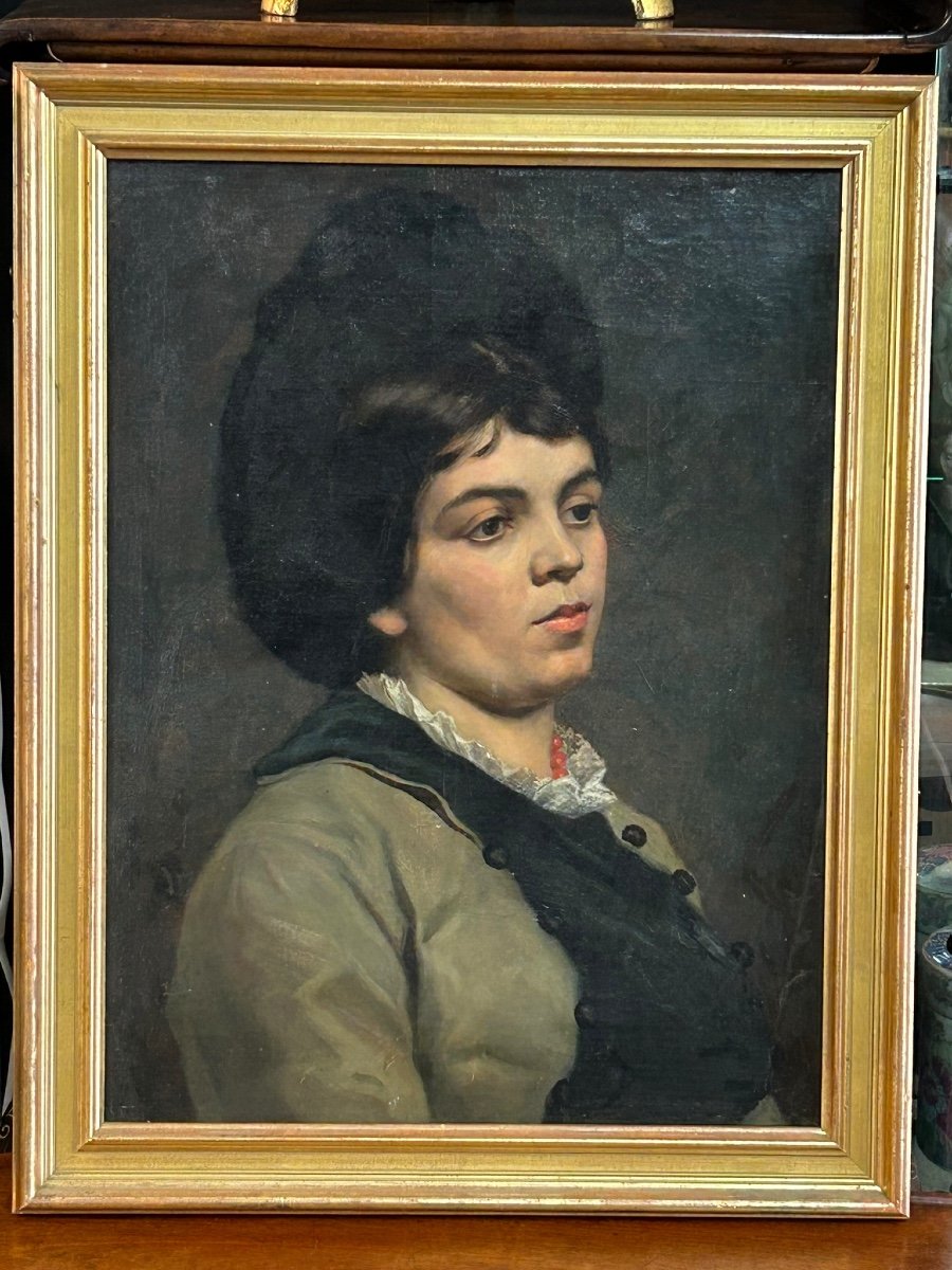 Portrait De Femme Au Collier De Corail Huile Sur Toile XIXéme -photo-3