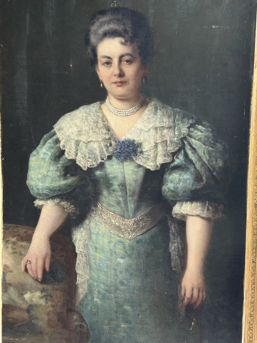 Important Portrait De La Comtesse Cécile D’ Aspies - Huile Sur Toile Signé Frank 1888 H 164 cm-photo-2