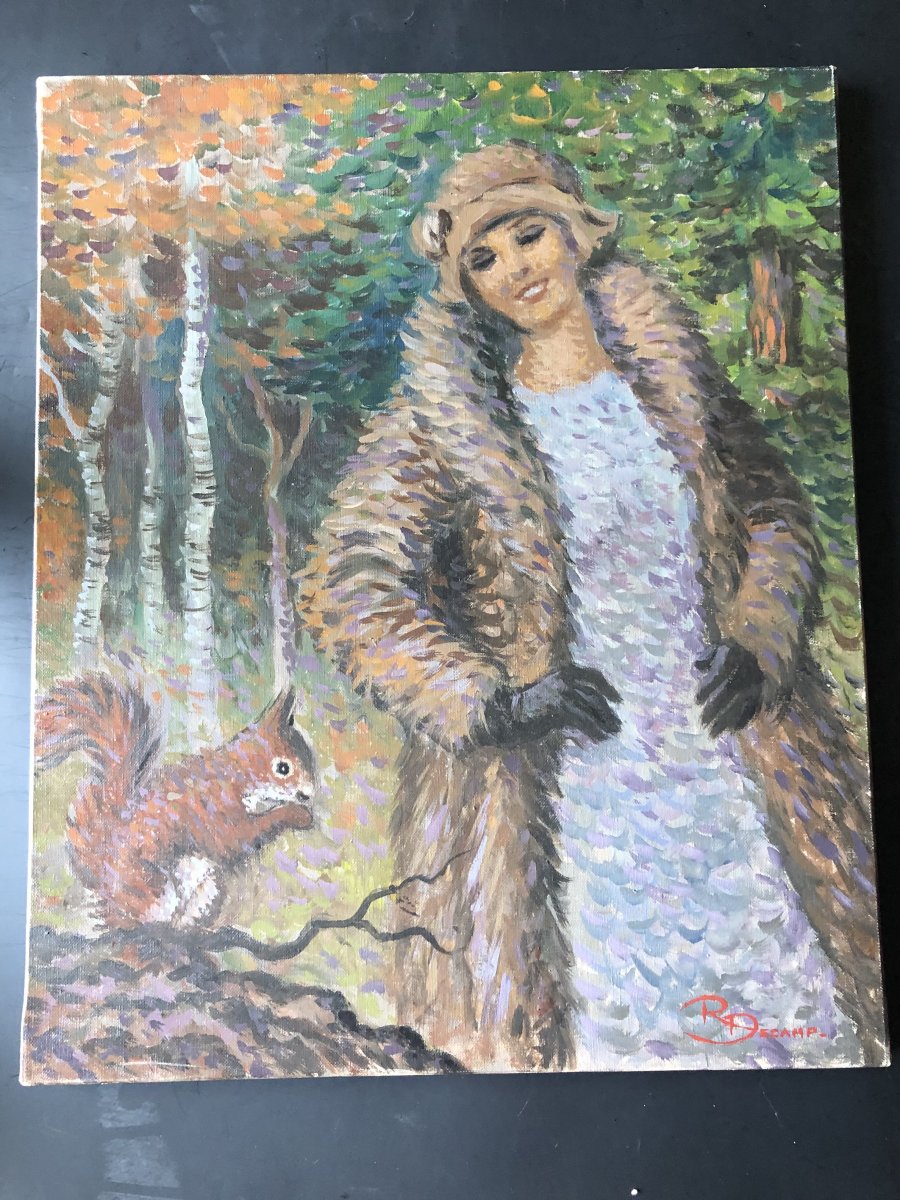 Rare Portrait Pointilliste Signé René Decamp - Femme à l'écureuil -photo-2