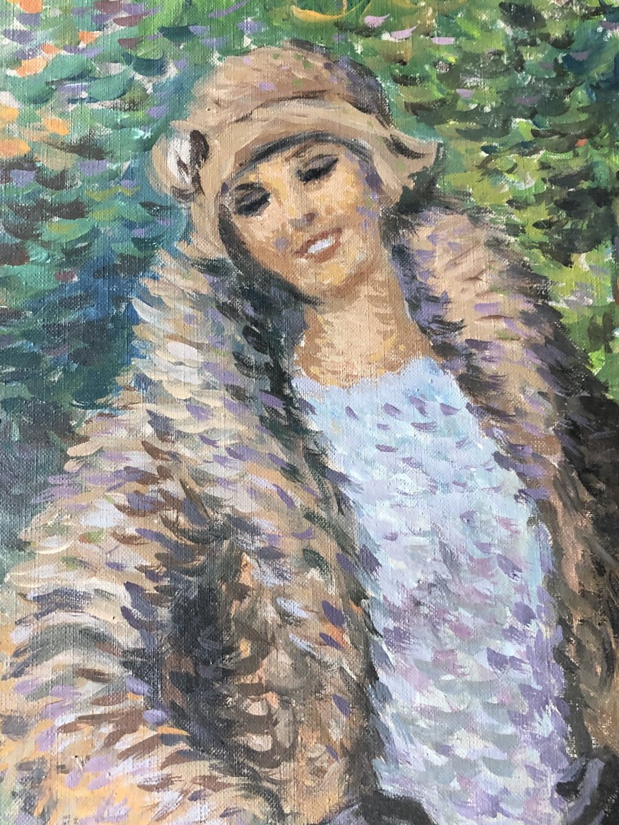 Rare Portrait Pointilliste Signé René Decamp - Femme à l'écureuil -photo-3