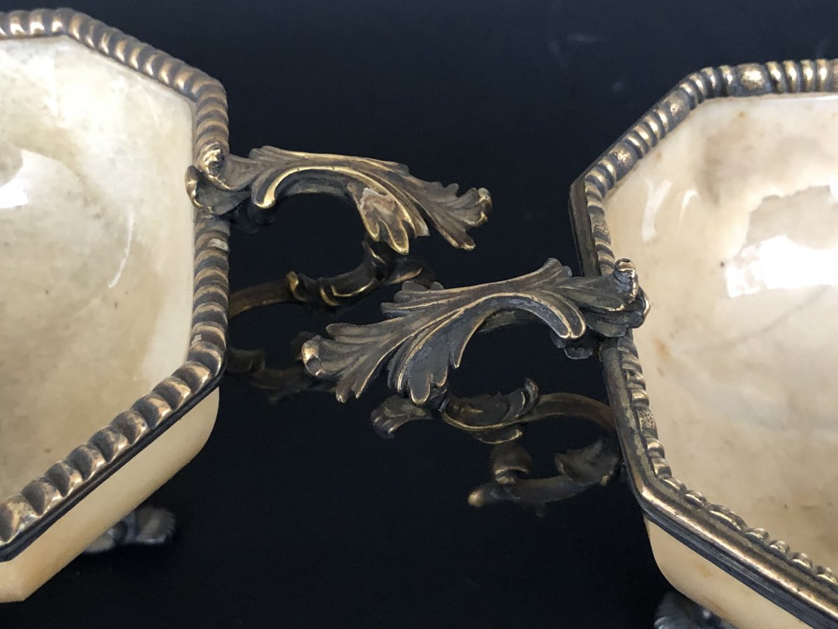 Pair Of Cups In Yellow Agate Mounted Silver Gold - XIXth-photo-3