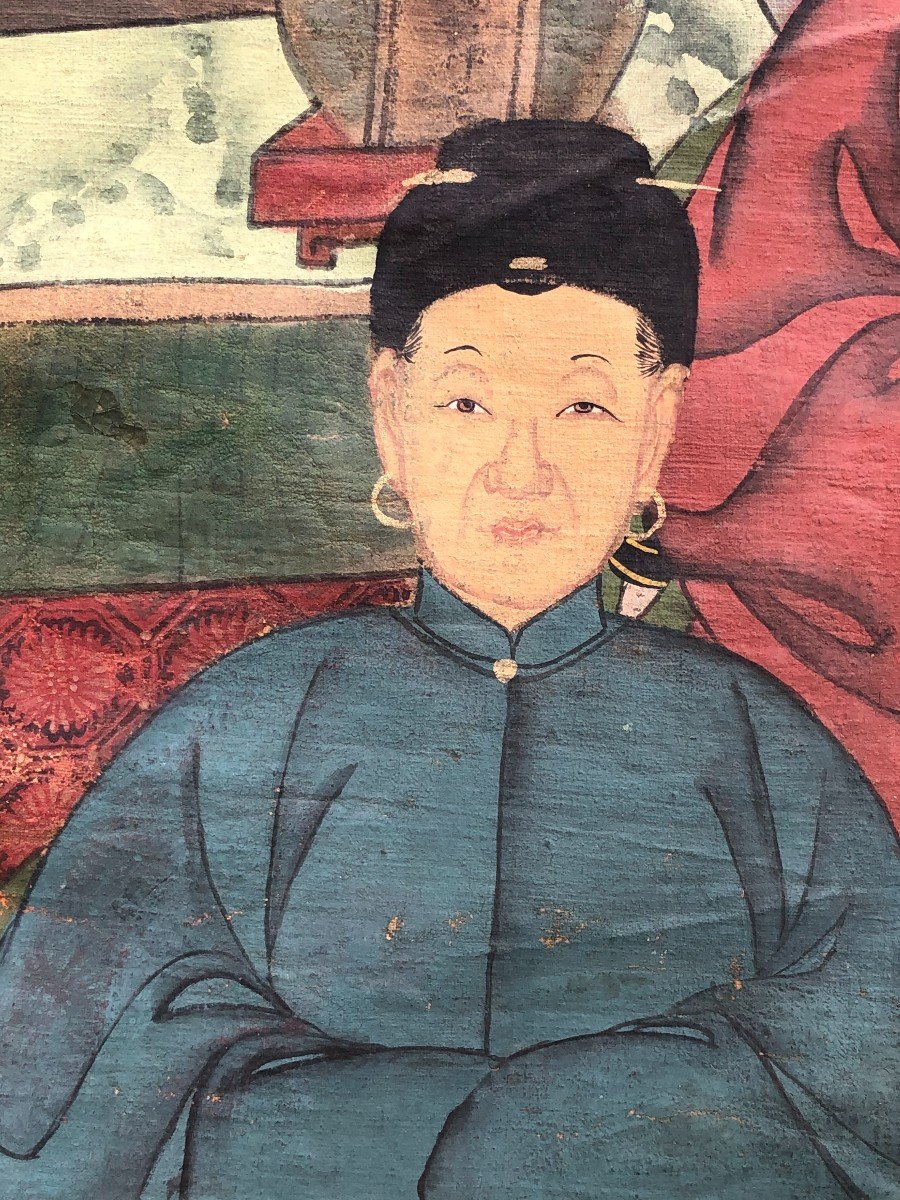 Ancien Portrait D’ancêtre Dignitaire Chinois Représentation De l'Arbre Généalogique -photo-5