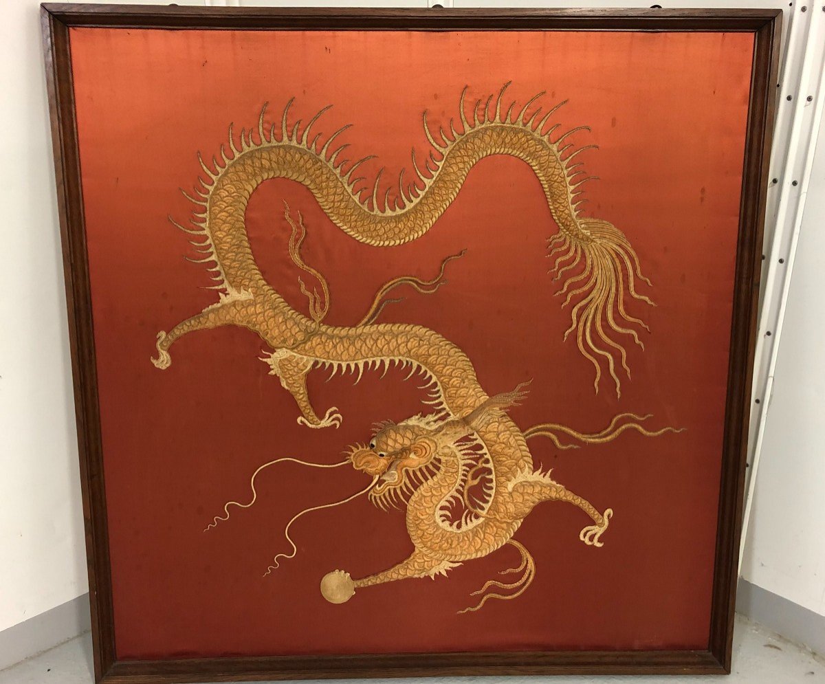 Grande Broderie Chine Fin XIXème - Dragon A La Perle -d : 135 X 135 Cm-photo-3