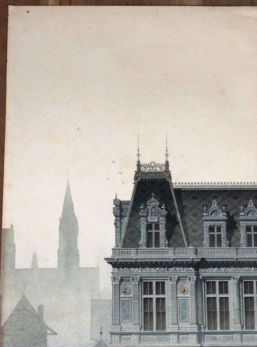 Aquarelle Château Ou Dessin d'Architecture Fin XIXème Siècle-photo-4