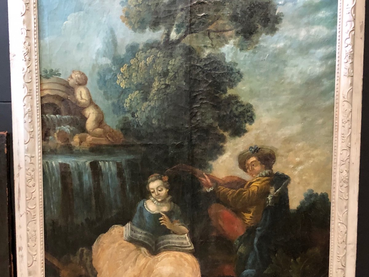 Galante Scene - Large 18th Century Woodwork Painting-photo-3