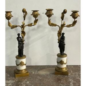 Pair Of Patinated Gilt Bronze And Marble Candelabras From The Empire Period