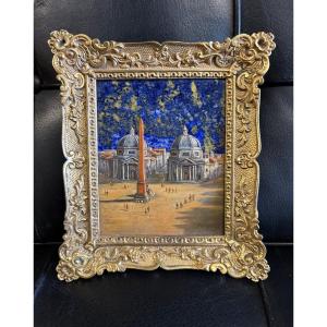 Peinture Sur Plaque De Lapis-lazuli - Rome  Italie XIXéme Siècle - Cadre Bronze Doré N°2/4