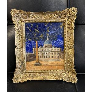 Peinture Sur Plaque De Lapis-lazuli - Basilique Italie XIXéme Siècle - Cadre Bronze Doré N°3/4 