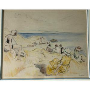 Henri Lebasque (1865-1937) Beach Scene - Print Enhanced With Watercolor