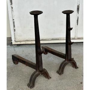 Large Pair Of Landiers In Cast Iron Louis XIII Period - Andirons