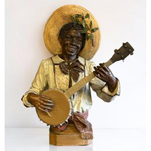 Terracotta Sculpture - Young Man Playing The Banjo Circa 1880 H 67 Cm