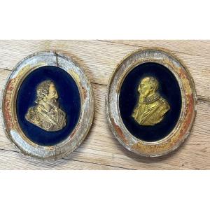 Paire De Portraits En Médaillons - Profils En  Bronze Doré Henry IV Et Sully époque XVIIIème