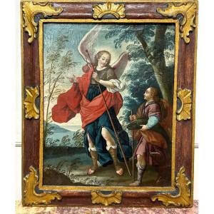 Tobias And The Archangel Raphael Oil On Canvas French School Early 18th Century - Religious Painting