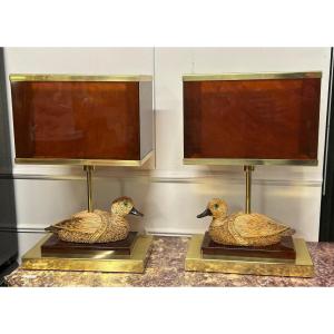 Pair Of Brass And Bakelite Duck Lamps From The 1970s