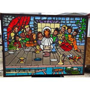 Large Stained Glass Window The Last Supper Circa 1960 - Raw Glass Blocks - H 119 X L 161 Cm