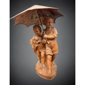 Important Terracotta Group Maison Gossin Et Visseaux In Paris Late 19th Century H 110 Cm