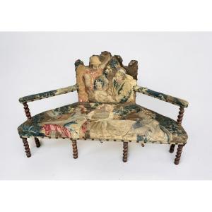 Louis XIII Style Bench - Sofa Upholstered With Late 17th Century Tapestry