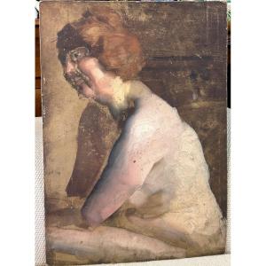 Curious Study Of Nude - Painting On Cardboard Late 19th Century 