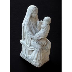 Importante Vierge En Majesté En Pierre Du XVIème Siècle - Sculpture  Haute époque H 72 Cm