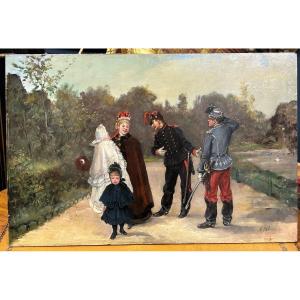 Albert Bligny (1849-1908) La Conversation Avec élégante Et Ses Enfants - Panneau D’acajou 